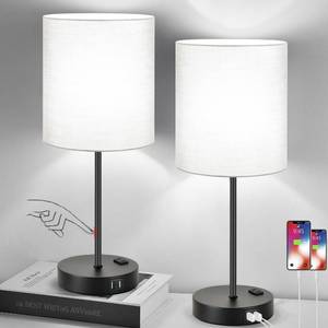 lot 19604 image: Lynnoland Set of 2 Touch Control Table Lamps with 2 USB and AC Outlet, 3-Way Dimmable Bedside Nightstand Lamps for Bedroom Living Room Nursery, 800 Lumens 5000K Daylight Bulbs Included (Grey Shades)