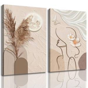 lot 19633 image: TJRRKYHY 2Pcs Modern Boho Abstract Canvas Wall Art Beige Minimalist Woman Line Art Decor Neutral Geometry Prints for Living Room Bedroom Bathroom Home Decor (12x16in canvas)