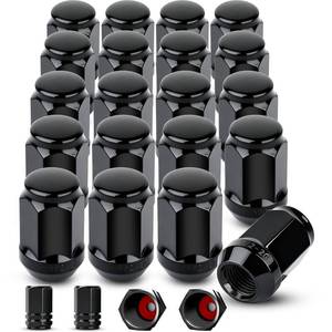 lot 20073 image: 20pcs 12in-20 Lug Nuts and 4 Valve Caps, Closed End Lug Nuts Galvanized Plated Replacement for 1987-2018 Jeep Wrangler, 2002-2012 Jeep Liberty, 1993-2010 Jeep Grand Cherokee, Aftermarket WheelBlack (Open Box, May Be Missing Pieces)
