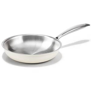lot 20082 image: KITEXPERT 8in Tri-Ply Stainless Steel Frying Pan � PFOA-Free, Beige Ceramic Exterior, Stainless Steel Handle, Dishwasher and Oven Safe, Compatible with All Stovetops (Used)
