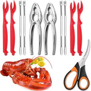 lot 20474 image: 4-Person Seafood Tools Set includes 2 Crab Crackers, 4 Lobster Shellers, 4 Crab Leg ForksPicks and 1 Seafood Scissors - Nut Cracker Set