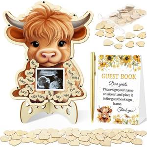 lot 20493 image: 65 Pcs Highland Cow Baby Shower Decorations Guest Book, Baby Shower Guest Book Alternatives with Photo Frame, 60 Wood Slices Cow Baby Shower Guest Book for Boys Grils Baby Shower