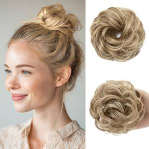 lot 20498 image: CJL HAIR Small Messy Bun Hair Pieces for Women Thin Hair Synthetic Curly Mini Scrunchies Hairpiece Updo with Elastic Band 2PCs Sand
