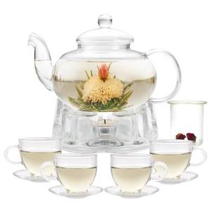 lot 1696 image: GURUDAR Glass Teapot Set, 34OZ1000ML Glass Tea Kettle with Loose Tea Infuser & Warmer, 5oz150ML Tea Cup & Saucer Set of 4, Stovetop & Microwave Safe Tea Maker, Blooming Tea Gift Set For Women