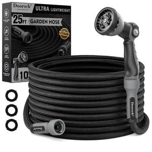 lot 1700 image: Doorich Garden Hose, Flexible Ultra Lightweight Durable, Kink-Free Water Hose with 10 Function Sprayer - Non-Shrinking, Easy to Store, All-Weather, High-Pressure, Black (25 FT)