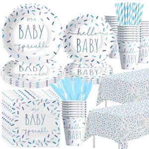 lot 1750 image: Owelleny Sprinkle Baby Shower Decorations Tableware for Boy, Blue Confetti Its a Baby Sprinkle Party Decorations Supplies, Paper Plate, Napkin, Cup, Disposable Cutlery, Tablecloth, Serves 24