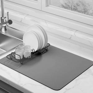 lot 2143 image: Dish Drying Mat for Kitchen Counter Super Absorbent Drainer Mats with Non-slip Rubber Backed Hide Stain Heat Resistant Easy to Clean Dish Rack Mat (Gray, XL-31.5x17)