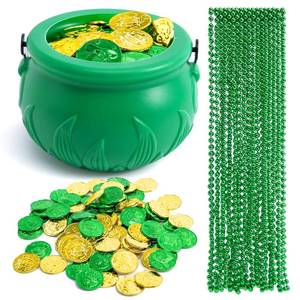 lot 2153 image: JOYIN 119 Pcs St. Patrick��s Party Supplies Set, 18 Bead Necklaces, 100 Plastic Coins and 1 Cauldron, St Patrick��s Day Party Favor Supply (Green Cauldron, Bead Necklace, Green and Gold Coins)