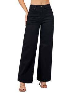 lot 2158 image: roswear Womens Wide Leg Jeans High Waisted Stretchy Denim Trouser Pants Black X-Large