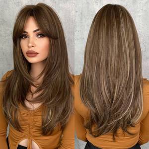 lot 2183 image: 7JHH WIGS Honey Blonde Wig with Bangs Long Brown Wigs for Women,Layered Heat Resistant Synthetic Wigs for Daily Use