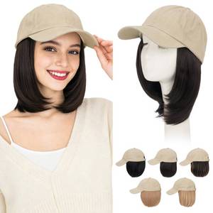 lot 4063 image: S-noilite Hat Wig, Distressed Baseball Cap Wigs with Hair Extension Attached for Women, Adjustable Vintage Plain Washed Beige Hat with Short BOB Hair, 6inch Black Brown