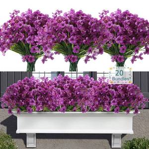 lot 4080 image: Satefello 20 Bundles Artificial Flowers for Outdoors, UV Resistant Fake Realistic Flowers with Plastic Plants Spring Decor, Faux Silk Flowers for Outside Window Box Front Porch Planter Decor-Purple