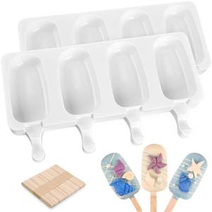 lot 4100 image: Sakolla 2 Pack Silicone Popsicle Molds, Larg Oval 4 Cavities Homemade Ice Pop Molds with 50 Wooden Sticks for Ice Cream, Cakesicles, Cake Pop (White)