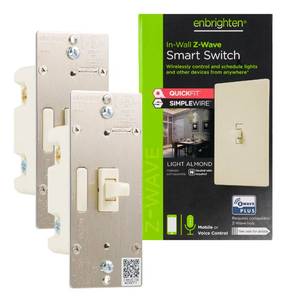 lot 4112 image: Enbrighten Almond Z-Wave Plus Smart Light Switch with QuickFit and SimpleWire, 3-Way Ready, Compatible with Alexa, Google Assistant, ZWave Hub Required, RepeaterRange Extender, Toggle, 2 Pack, 81174