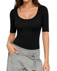 lot 4122 image: MANGOPOP Sexy Half Sleeve Tops for Women Scoop Neck Slim Fitted Casual Going Out T Shirt Tops 2026 Trendy Black