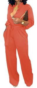 lot 4130 image: Business Jumpsuits For Women Elegant Solid Orange V Neck Zipper Long Sleeve Sexy Printing Decorative Strap Straight Long Pants Rompers With Pockets