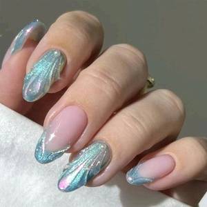 lot 4144 image: 30Pcs Short Almond Press on Nails 3D Blue French Tip Fake Nails with Aurora Glitter Designs Ocean Press on False Nails Pearl Acrylic Nail Full Cover Artificial Stick on Nail for Women