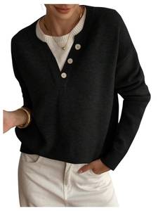 lot 4176 image: SOLY HUX Pullover Sweaters for Women Long Sleeve Button Crew Neck 2 in 1 Knitted Oversized Tops Pure Black Medium