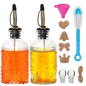 lot 4180 image: 7oz Glass Coffee Syrup Dispenser, 2-Pack Complete Set with Funnel, Brush, Stoppers & Accessories - Syrup Bottles for Coffee Bar with Metal Pour Spout, Ideal for Maple,Oil, Vinegar,Cooking wine