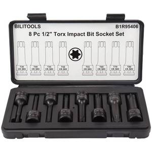 lot 4183 image: BILITOOLS 8-Piece Impact Torx Bit Socket Set 12 inch Drive, T30-T80, Cr-Mo Steel