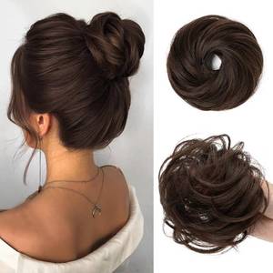 lot 4192 image: CJL HAIR 2PCs Small Cute Messy Bun Hair Piece for Thin Hair Women Mini Synthetic Curly Bun Scrunchies Updo Hairpieces Dark Chocolate