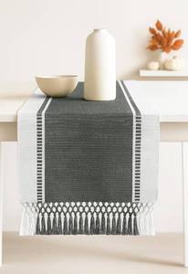 lot 5389 image: PurpleEssences Table Runner - Wide with Dobby Stripe, Heavy Ribbed Weave & Double Knot Fringes, 14x90 Inch (14x95.5 with Fringes) Farmhouse Decor - Spring Easter Summer - Artichoke Green and H.White