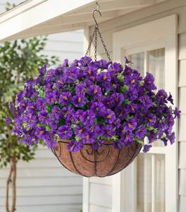 lot 5406 image: Artificial Fake Hanging Flowers Plants Basket for Outdoors Spring Decoration, Realistic Faux Silk Morning Glory for Outdoor Planters UV Resistant Artificial Flowers for Outside Porch Garden, Purple