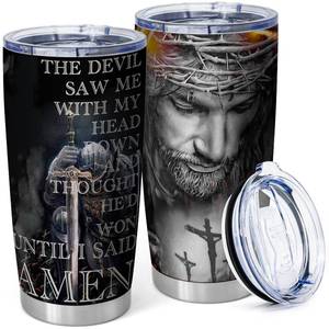 lot 6269 image: Equoza Christian Tumbler for Men,Jesus Christ Tumbler,The Devil Saw Me,Religious Gifts Travel Cup Coffee Mug Insulated Stainless Steel 20oz With Lid��Pack of 1��