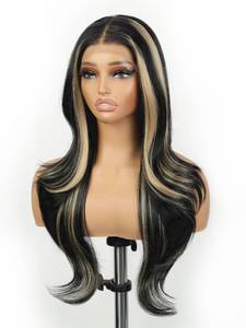 lot 6272 image: cuiud Skunk Stripe Wig Glueless Lace Front Wigs Pre Plucked Synthetic Layered Wave Black and Blond wig 13�4 Wear and Go Wig for Black Women Beginner Friendly