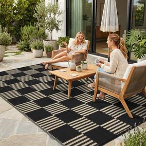 lot 9809 image: Garvee Waterproof Outdoor Rug 5x8, Checkered Foldable Plastic Straw Patio Camping Rug, Outdoor RV Carpet for Deck Camper Porch Balcony Backyard Picnic Beach Black and Brown