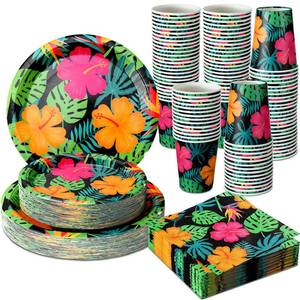 lot 9810 image: Jingmore 200 Pcs Tropical Nights Hawaiian Aloha Party Supplies Serve 50 Guests Luau Paper Plates Cups Napkins for Summer Beach Tableware Pool Party