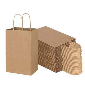 lot 9820 image: Toovip 100 Pack 5.25x3.25x8.25 Inch Small Plain Brown Kraft Paper Bags with Handles Bulk, Gift Bags for Favor Grocery Retail Party Birthday Shopping Business Goody Craft Merchandise Take Out Sacks