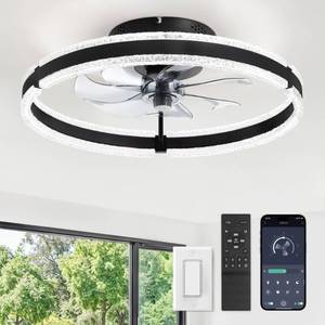 lot 9822 image: LEDIARY Ceiling Fans with Lights and Remote, 20 Low Profile Ceiling Fan with Light, 3000-6000K Dimmable Fandelier Ceiling Fans, Modern Flush Mount Fan Light for Bedroom with 6 Wind Speeds- Black