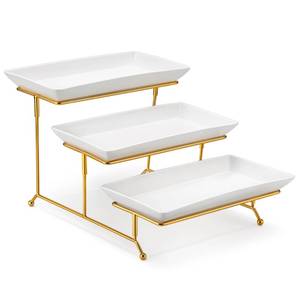 lot 11200 image: MALACASA 3 Tier Serving Trays for Party, 12 Inch Porcelain White Trays for Serving Food, Dessert Stand with Collapsible Gold Metal Rack (Used)