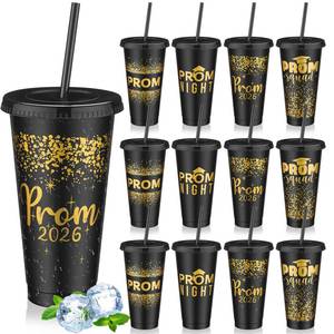 lot 11205 image: SiliFine 12 Set Graduation Prom 2026 Plastic Cups, 24oz Reusable Prom Plastic Tumblers Cup with Lids and Straws Graduation Party Dinnerware Supplies Bulk for Cold Drink (Black Silver) (Used)