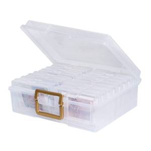 lot 11216 image: novelinks Transparent 4 x 6 Photo Organizers and Photo Storage Box with Handle, 16 Inner Photo Cases, Portable Picture Organizers & Photo Storage Containers (Clear-Gold Handle)
