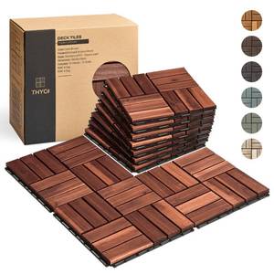 lot 11221 image: THYOI Premium Deck Tiles, Patio Flooring - Set 10 Pcs 12x12x0.9 Interlocking Deck Tiles, Waterproof Acacia Wood for Balcony, Backyard, Indoor & Outdoor (Brown, Crossed Pattern, Square Joints)