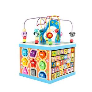 lot 11228 image: Qilay Wooden Activity Cube for Toddlers, 5 in 1 Multipurpose Abacus Early Educational Montessori Toys, Learning Toys for Kids  Bead Maze, Great for Boys Girls (Used)