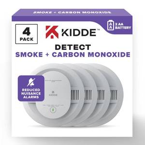 lot 11232 image: Kidde Smoke and Carbon Monoxide Detector, AA Battery Powered with LED Status Lights, 85 dB Alarm, 5 inches, 30CUDR, 4 Pack
