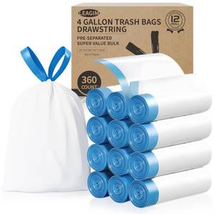 lot 11234 image: Small Trash Bags 4 Gallon, 360 Count -1.2 Mil Drawstring Mini Garbage Bags, White Plastic Trash Can Liners for Bathroom Accessories, 15 Liter, Bedroom, Dorm Room Essentials, Office