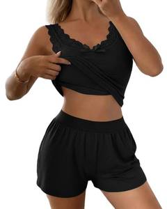 lot 12275 image: CHICME Women 2 Pieces Pajama Set Sleeveless Built In Bra Tank and Shorts Set Lace Trim PJ Sets Loungewear-bk-M