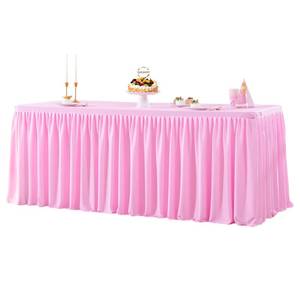 lot 12287 image: Pink Polyester Table Clothes for 4 Foot Rectangle Tables, Wrinkle Free Fitted Table Cover with Pleated Ruffle Table Skirt for Birthday Party Wedding Trade Show Event Display