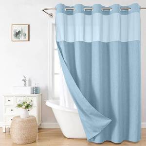 lot 12302 image: eachope No Hooks Needed Linen Textured Shower Curtain with Snap-in Fabric Liner Set,Hotel Luxury Decor Waterproof Shower Curtains for Bathroom with Mesh Top Window,Washable,71Wx74H,Fog Blue