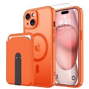 lot 12313 image: Janmitta Magnetic for iPhone 15 Case Compatible with MagSafe,with Screen Protector Removable Magnet WalletBuilt-in Stand,Credit Card Holder,Slim Translucent Matte Phone Cover,Orange