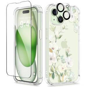 lot 12324 image: GVIEWIN for iPhone 15 Case Floral, with Screen Protector&Camera Lens Protector,Non Yellowing Soft Shockproof Clear Phone Protective Cover for Women, Flower Pattern Design 6.1 (HibiscusGreen)