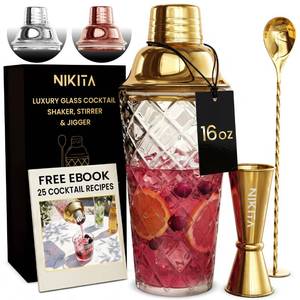 lot 13875 image: Nikita Cocktail Shaker, 5-Piece Martini Shaker & Bartender Kit with Bar Accessories Strainer, Jigger, Spoon & Muddler, Gold 16oz Drink Mixer with Bartender Accessories