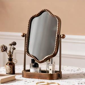 lot 13879 image: HuiDao Vintage Makeup Mirror with Tray, 360° Rotatable Antique Table Vanity Mirror with Stand, Metal Retro Desktop Dressing Mirror for Home Decor, Countertop, Bedroom, Bathroom, Living Room