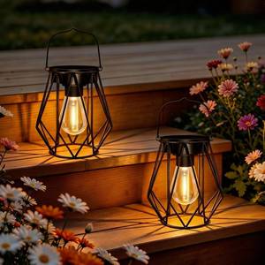 lot 13885 image: Solar Lanterns Outdoor Waterproof Decorative Lanterns Waterproof LED Outdoor Hanging Solar Lights with Metal Hook for Outdoor Yard Garden Pathway Pack of 2