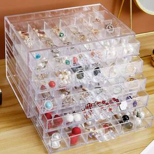 lot 13886 image: QIYUSHRY Earring Storage Box Acrylic Jewelry Storage Holder Ring Clear Plastic Transparent Jewelry Display Stand with 5 Drawers 120 Small Compartment Tray for Women Girls