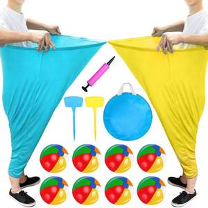 lot 13890 image: Granny Pants Yard Game, Oversized Blue & Yellow Pants with 8 Colorful Bouncy Balls 2 Stakes 1 Storage Bag and 1 Air Pump, Outdoor Tossing Games for Adults Family Carnival Party Reunion Gathering